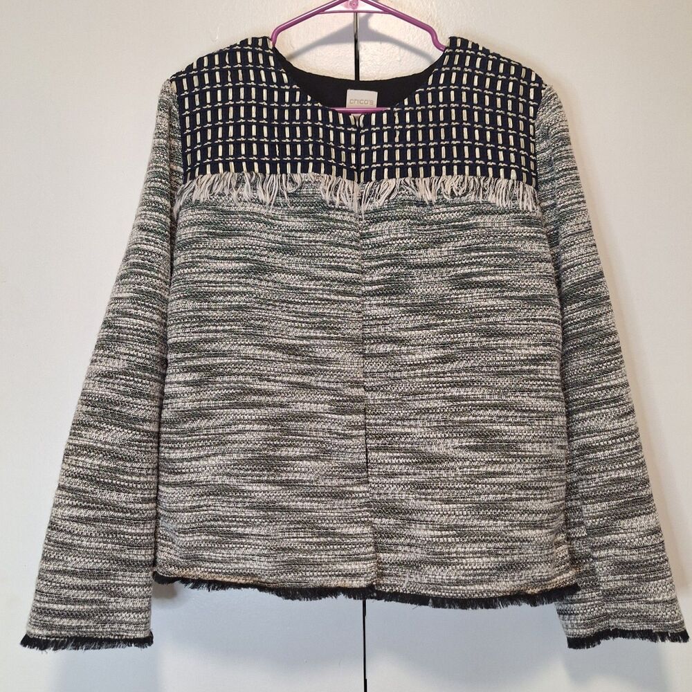 Chico's Novelty Pieced Fringe Blazer Jacket Gray Navy Size 3 (XL)